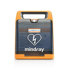 Fotografia do DEA Mindray BeneHeart C2, modelo com tela LCD sob a tampa.